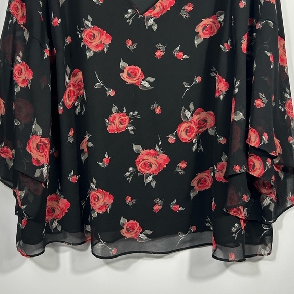 Lane Bryant Black/Red Floral Print Tiered Fluttered Elbow Sleeves Blouse 22-24 - Picture 5 of 9